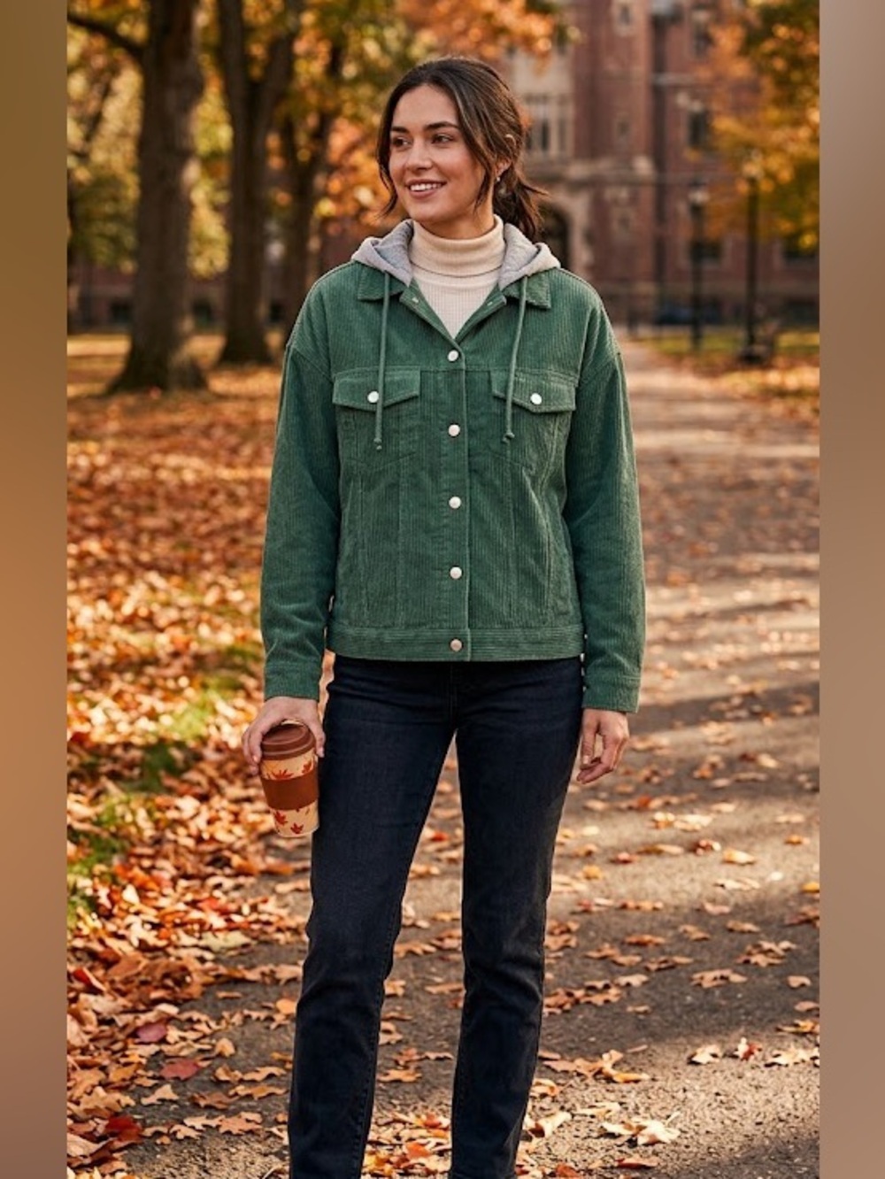 POL Women's Corduroy Jacket Coat Medium Green Gray Lined Hooded Fall